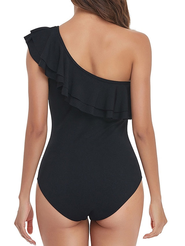 Women's Swimwear One Piece Normal Swimsuit Ruffle Backless Tummy Control Pure Color Black White Yellow Wine Padded Bathing Suits New Vacation Stylish