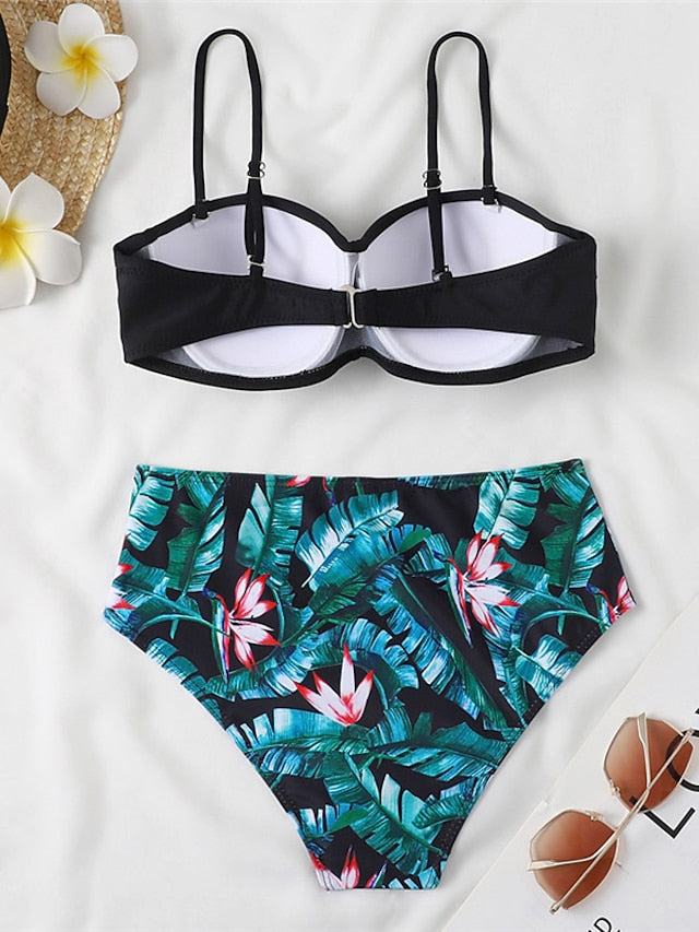 Women's Swimwear Bikini 2 Piece Normal Swimsuit Open Back Printing Floral Leaves Green Black Blue Yellow Royal Blue Strap Bathing Suits Sexy Vacation Fashion / Modern / New / Padded Bras