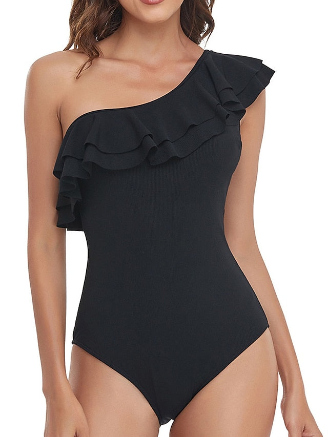 Women's Swimwear One Piece Normal Swimsuit Ruffle Backless Tummy Control Pure Color Black White Yellow Wine Padded Bathing Suits New Vacation Stylish