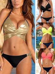 Women's Swimwear Bikini 2 Piece Normal Swimsuit Backless Criss Cross Color Block Lace up Color Block Black Pink Yellow Gold Brown Wireless Tied Neck Bathing Suits Lace Sexy Boho / Animal Print