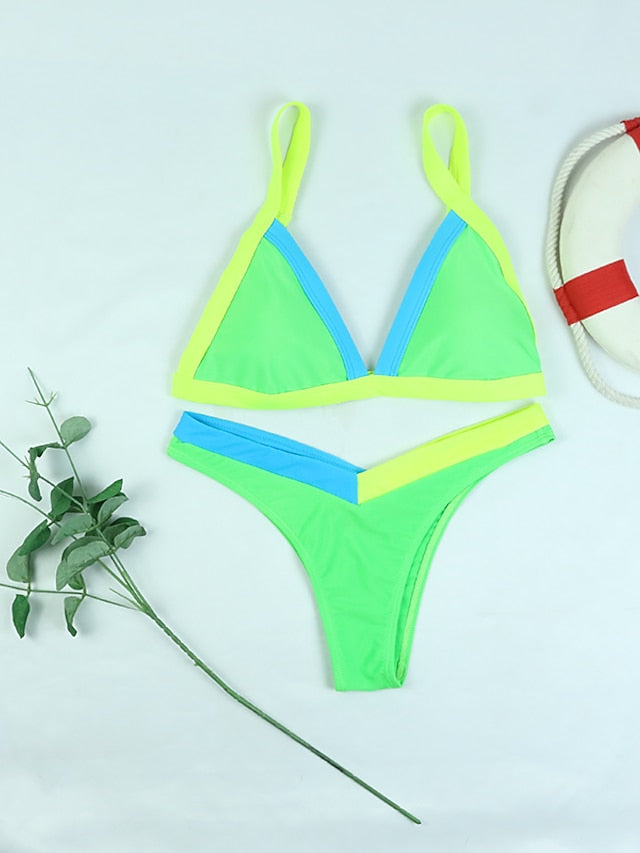 Women's Swimwear Bikini 2 Piece Normal Swimsuit Splice Adjustable Solid Color Color Block Green Blue Rose Red Padded Strap Bathing Suits New Sexy Hawaiian / Padded Bras / Slim