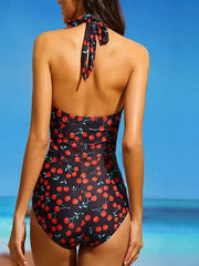 Women's Swimwear One Piece Normal Swimsuit Ruched Backless Tummy Control string Print Fruit Cherry Red Blue Green Halter Padded Strap Bathing Suits New Vacation Fashion