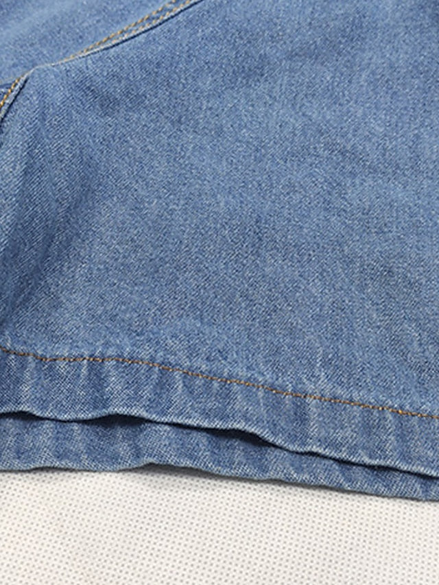 Women's Blue Denim Midi Dress - Casual Short Sleeve with Floral Embroidery