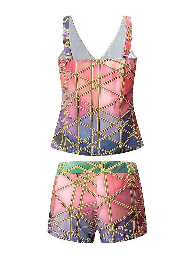 Women's High Waisted Plaid Tankini Swimsuit - Purple Padded V Wire Bathing Suit for Vacation