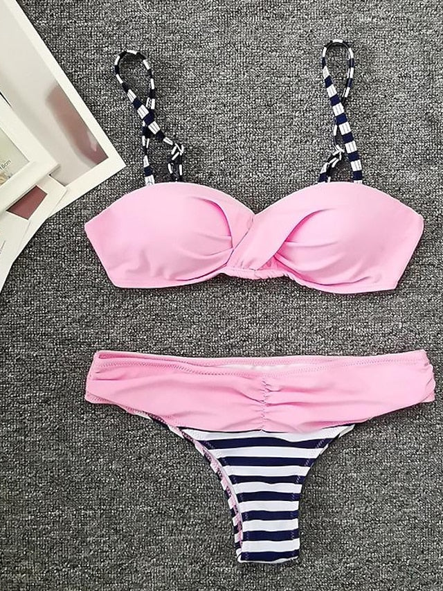 Women's Swimwear Bikini Normal Swimsuit 2 Piece Printing Striped Pink Bathing Suits Sports Beach Wear Summer