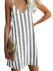 Women's Sleeveless Striped Backless V Neck Casual Slip Dress