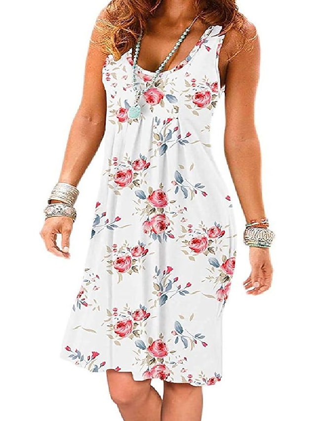 Women‘s Sleeveless Print Lily Element U Neck Casual Holiday Dresses