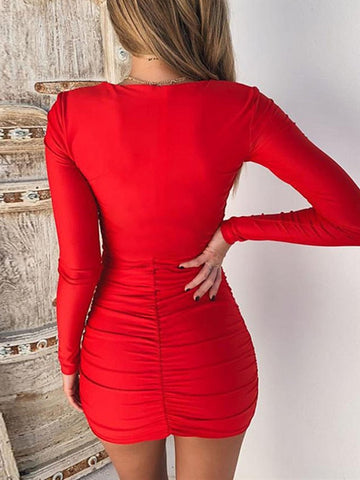 Women's Party Dress Holiday Dress Bodycon Mini Dress Black Red Royal Blue Long Sleeve Pure Color Ruched Spring Fall Square Neck Hot Party Winter Dress Christmas Slim