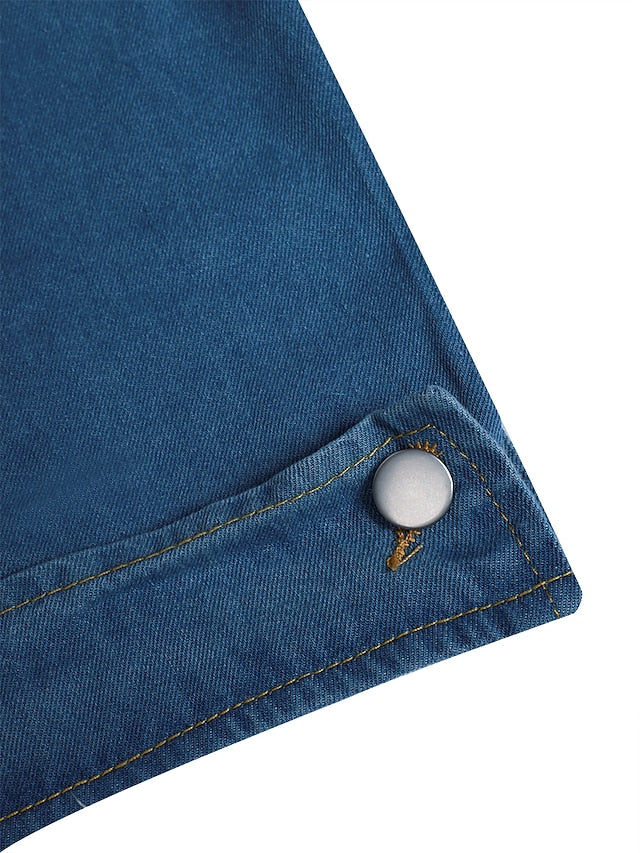 Women's Cotton Denim Maxi Dress - Casual Short Sleeve with Pockets & Button Detail