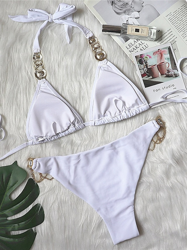 Women's Swimwear Bikini 2 Piece Normal Swimsuit Glitter Solid Color White Black Blue Purple Yellow Plunge Bathing Suits Sexy Vacation Fashion / New / Padded Bras