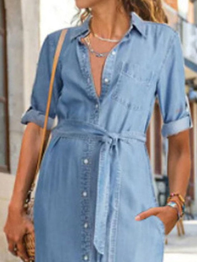 Women's Denim Maxi Shirt Dress - Casual Lace-Up Half Sleeve for Spring/Summer/Fall