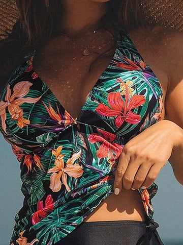 Women's Swimwear Tankini 2 Piece Normal Swimsuit High Waisted Floral Print Leaves Leaf Floral Green Blue Padded V Wire Bathing Suits Sports Vacation Sexy / New