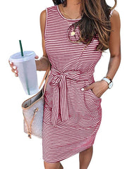 Women's Stripe Lace up Crew Neck Weekend Sleeveless Fit Loose Dress With Pocket