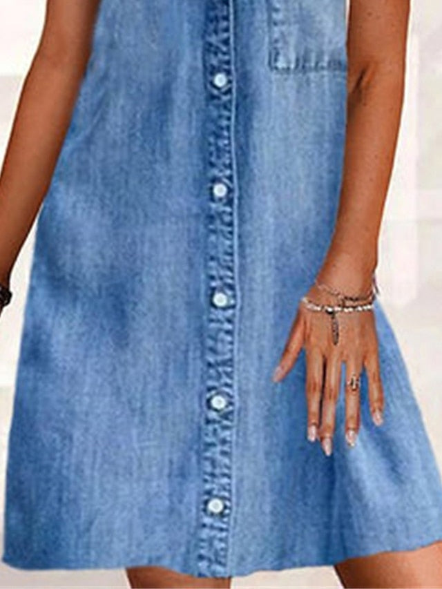 Women's Sleeveless Denim Shirt Dress - Casual Mini Dress with Pockets for Summer