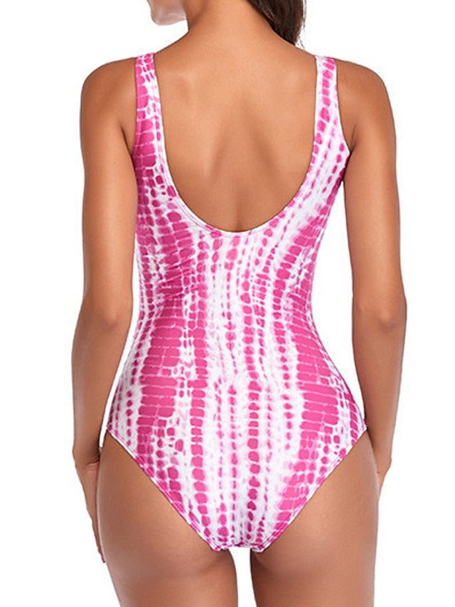 Women's Swimwear One Piece Normal Swimsuit Tummy Control Open Back Printing Tie Dye Pure Color Black White Yellow Pink Wine V Wire Bathing Suits Sexy Vacation Fashion