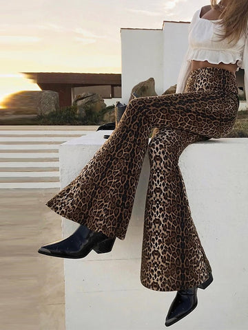 High Waist Casual Micro-elastic Leopard Women's Flare Pants