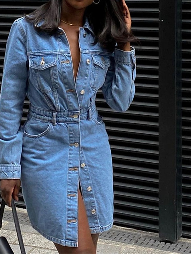 Women's Denim Midi Shirt Dress with Pockets - Long Sleeve A-Line for All Seasons
