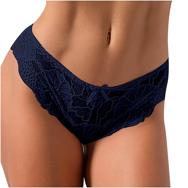 [3 Packs] Women Sexy Thong Panties Full Lace Cute Bowknot Low Waisted Seamless Bikini Briefs Comfy Underwear