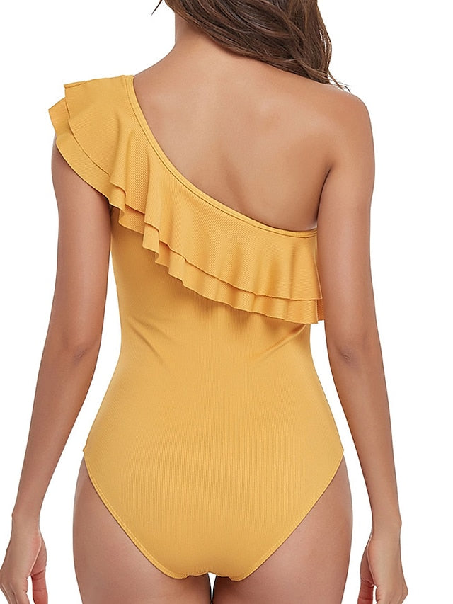 Women's Swimwear One Piece Normal Swimsuit Ruffle Backless Tummy Control Pure Color Black White Yellow Wine Padded Bathing Suits New Vacation Stylish
