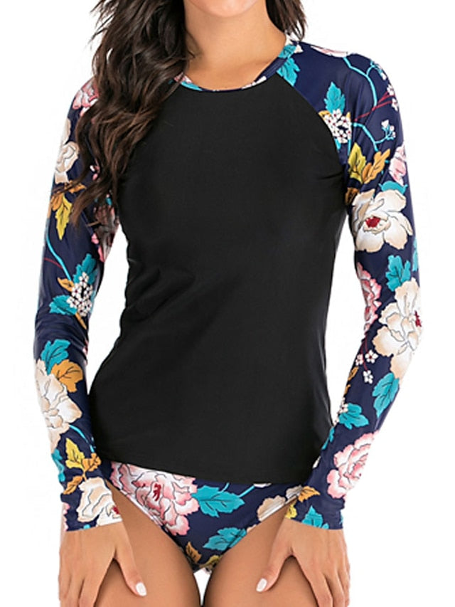 Women's Floral Rash Guard 2-Piece Swimsuit UV Protection Black Scoop Neck Padded Bathing Suit