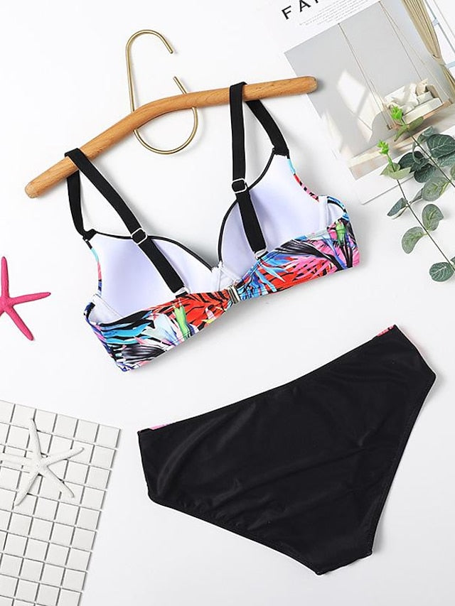 Women's Swimwear Bikini Normal Swimsuit 2 Piece Printing Leaf Red Bathing Suits Sports Beach Wear Summer