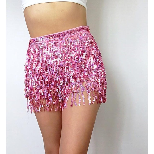 Women's Skirt Asymmetrical Polyester Sequin Black Silver Pink Red Skirts Summer Sequins Tassel Fringe Sparkle Sexy Sparkle & Shine Performance Club One-Size