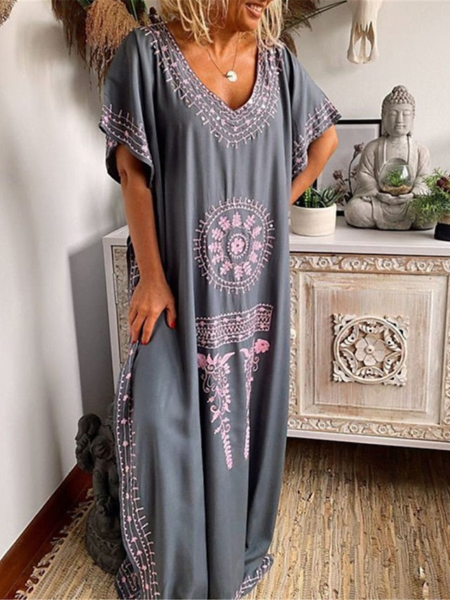 Women's Long Dress Maxi Dress Casual Dress T Shirt Dress Tee Dress Boho Dress Floral Fashion Bohemian Outdoor Daily Vacation Print Short Sleeve V Neck Dress Loose Fit Sky Blue Khaki Gray Spring Summer