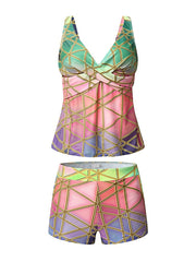 Women's High Waisted Plaid Tankini Swimsuit - Purple Padded V Wire Bathing Suit for Vacation