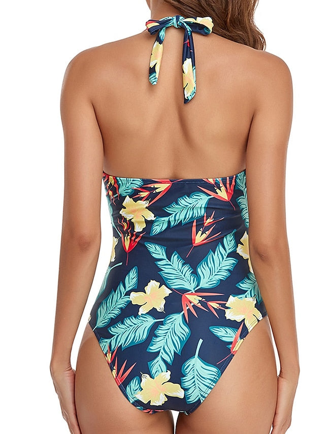 Women's One Piece Swimsuit Tummy Control Open Back Leaf Leopard Print Halter Padded Bathing Suit