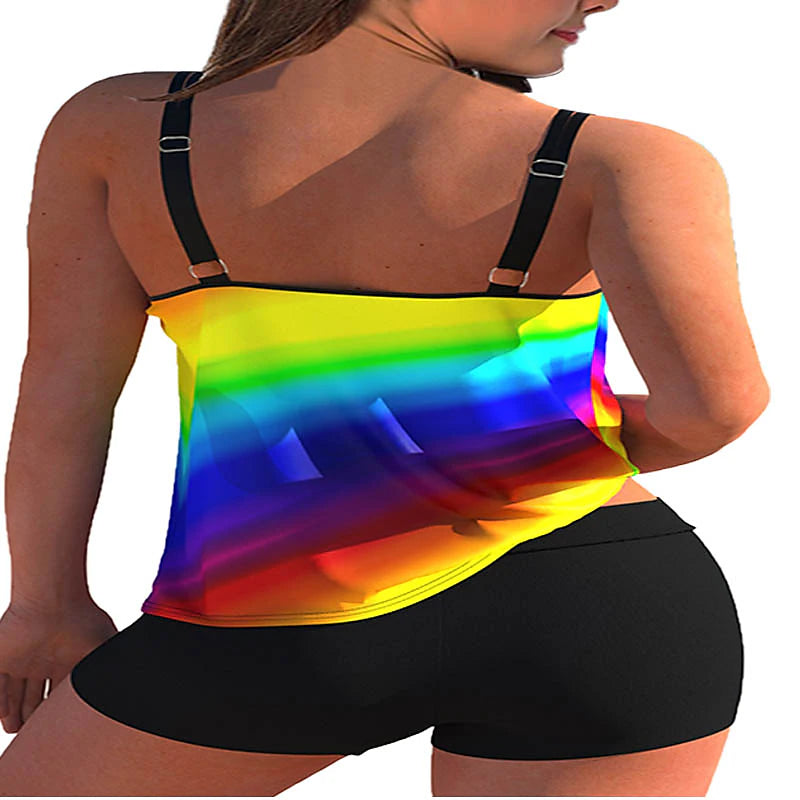 Women's Swimwear Tankini 2 Piece Normal Swimsuit Backless 2 Piece Printing Adjustable Print Multi Color Green Blue Rainbow White Padded Strap Bathing Suits Sexy Vacation Beach Wear