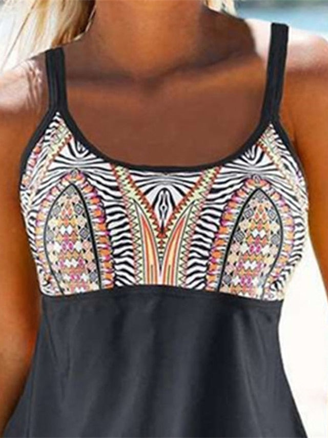 Women's Swimwear Tankini 2 Piece Normal Swimsuit 2 Piece Open Back Printing Geometic Dark Gray Padded Scoop Neck Bathing Suits New Casual Vacation / Sexy / Modern / Strap / Padded Bras / Strap