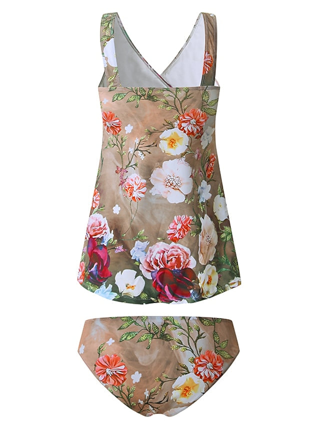 Women's Swimwear Tankini 2 Piece Normal Swimsuit High Waisted Trees / Leaves Floral Print Khaki Padded V Wire Bathing Suits Sports Vacation Sexy / Strap / New / Strap