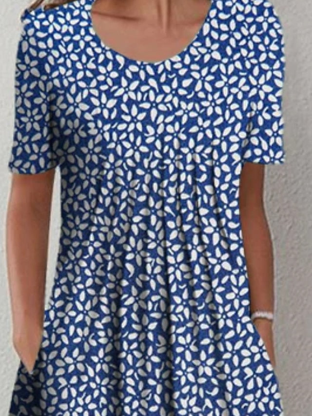 Women's Casual Dress Midi Dress Blue Short Sleeve Floral Ruched Spring Summer Crew Neck Basic Print Dresses