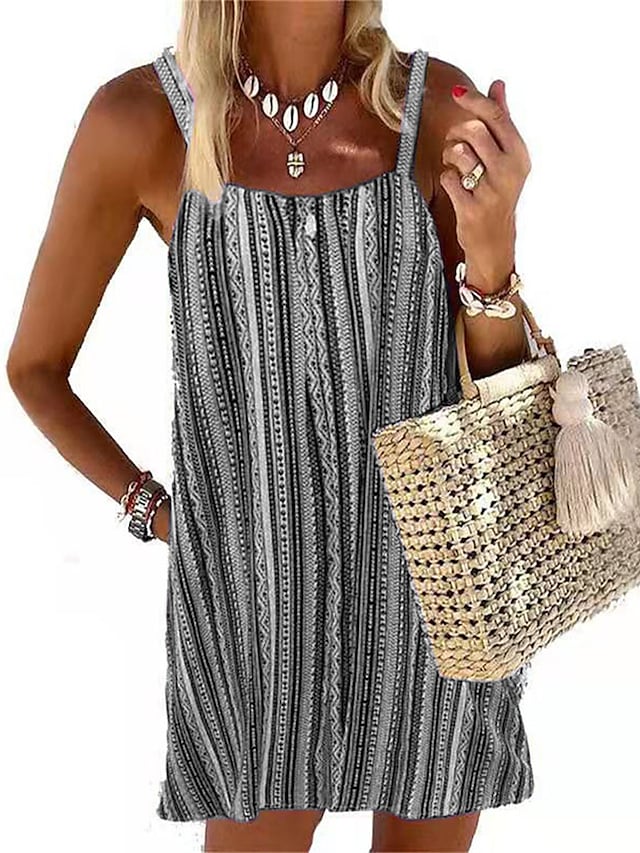 Women's Print Pocket Square Neck Sleeveless Stripe Dress