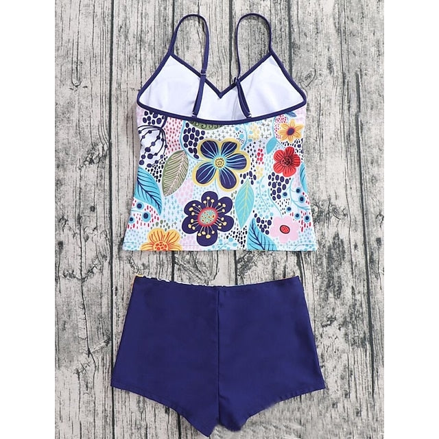 Women's Swimwear Tankini 2 Piece Normal Swimsuit Water Sports Open Back string Print Floral Tropical Blue Camisole Padded V Wire Bathing Suits New Vacation Casual