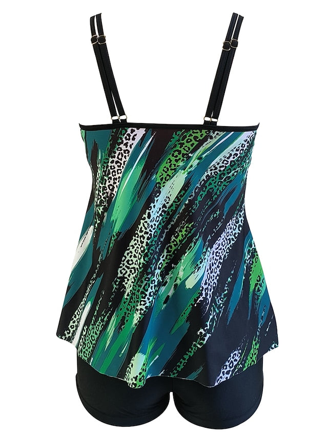 Women's Swimwear Tankini with Shorts / Top Normal Swimsuit Printing Waves Colorful Green Rainbow Padded Strap Bathing Suits Elegant Beach Wear Patterned