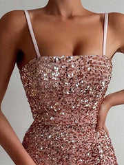 Women's Party Dress Sequin Dress Sexy Dress Mini Dress Rose Sleeveless Pure Color Sequins Summer Spring Spaghetti Strap Fashion Birthday Wedding Guest Vacation