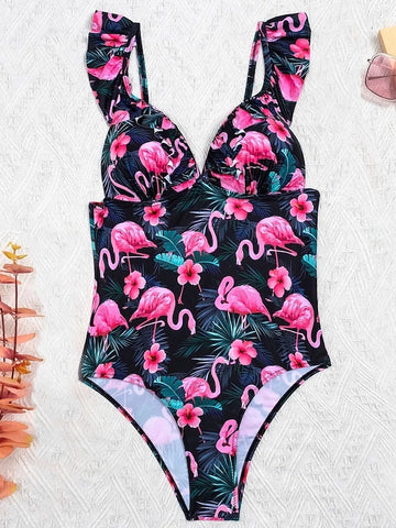 Women's Swimwear One Piece Monokini Bathing Suits Normal Swimsuit Backless Tummy Control High Waisted Print Flamingo Leaf Fuchsia V Wire Bathing Suits New Casual Vacation / Sexy / Modern / Animal