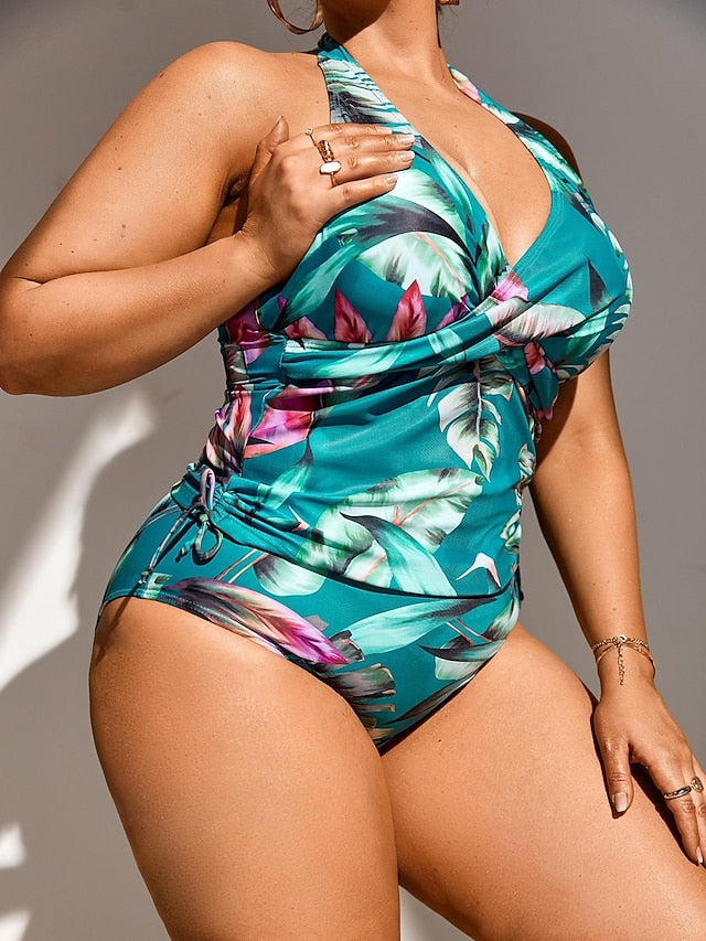 Women's Swimwear Tankini 2 Piece Plus Size Swimsuit 2 Piece Printing Floral Green Bathing Suits Sports Beach Wear Summer