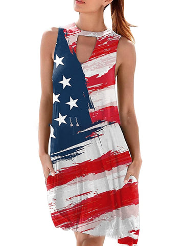 Women's Sleeveless Flag Crew Neck Weekend Casual Dress With Pocket