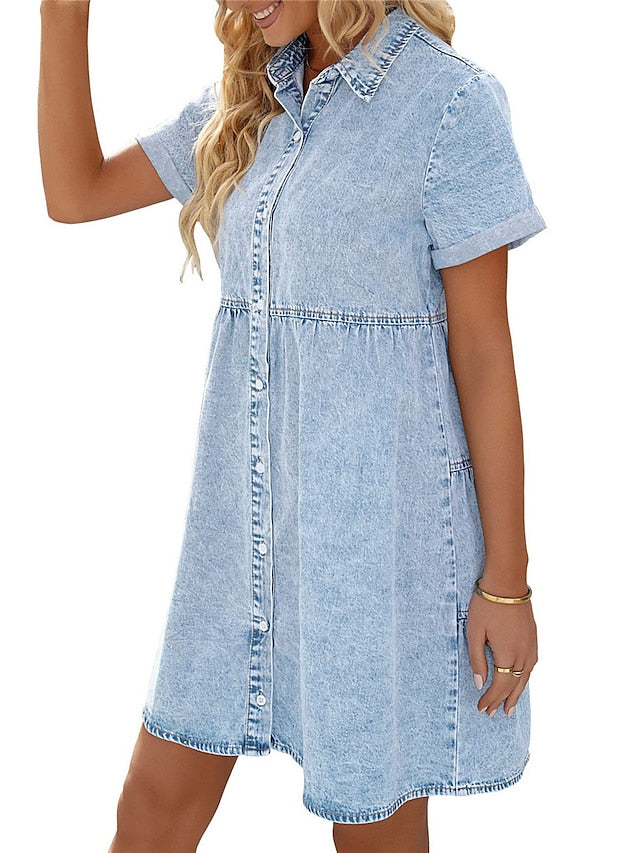 Women's Denim Shift Dress - Casual Mini Shirt Dress with Pockets, Short Sleeve