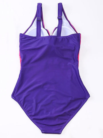 Women's Swimwear One Piece Plus Size Swimsuit Tummy Control Push Up Slim Wrap for Big Busts Color Block Tie Dye Blue Purple Plunging Neck Bathing Suits Sports Elegant