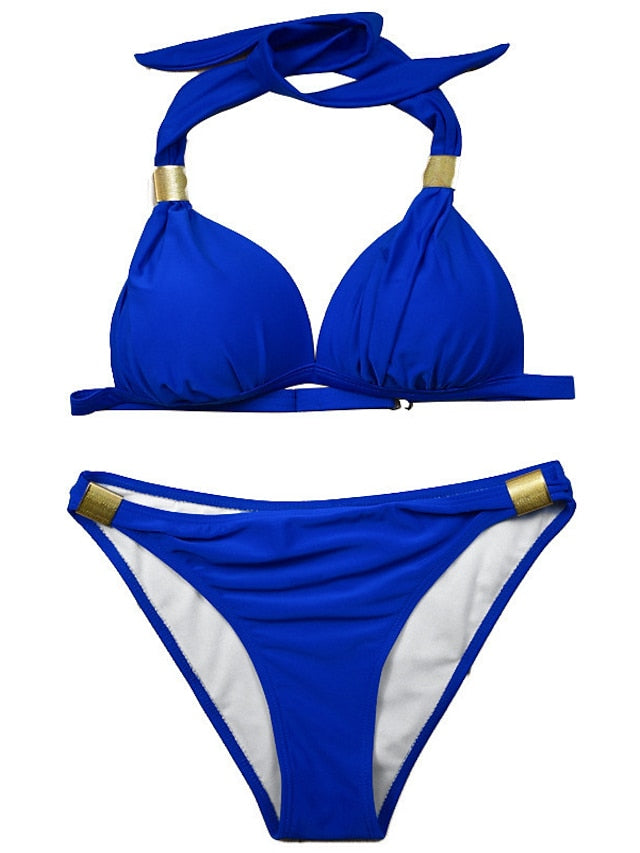 Women's Swimwear Bikini 2 Piece Normal Swimsuit Halter 2 Piece Open Back Sexy Pure Color Black Royal Blue Blue Sky Blue Halter V Wire Bathing Suits Sexy Vacation Fashion