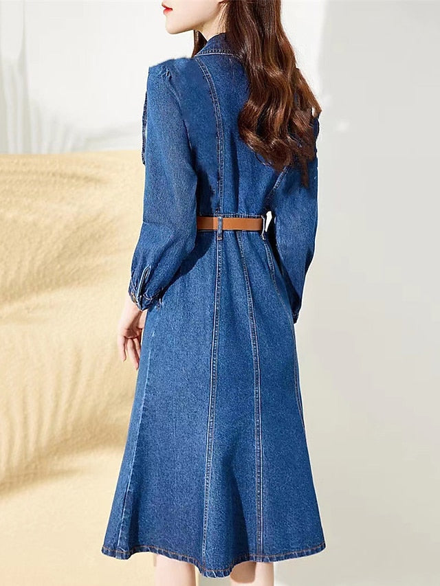 Women's Denim Midi Shirt Dress - Elegant Long Sleeve Ruffle Button for Office & Casual