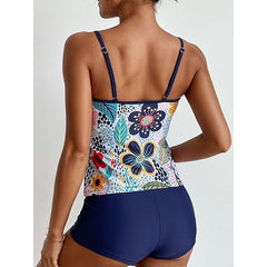 Women's Swimwear Tankini 2 Piece Normal Swimsuit Water Sports Open Back string Print Floral Tropical Blue Camisole Padded V Wire Bathing Suits New Vacation Casual