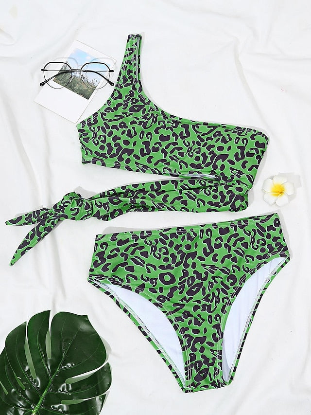 Women's Swimwear Bikini Normal Swimsuit Lace up 2 Piece Printing Leopard Green Bathing Suits Sports Beach Wear Summer