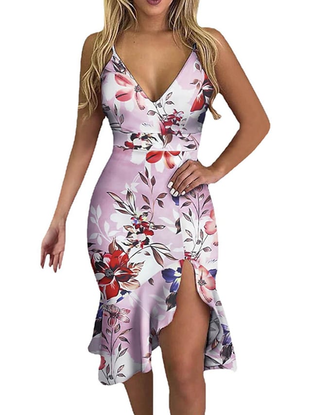 Women's Floral Ruffle V Neck Stylish Sleeveless Slim Split Dress