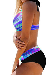 Women's Swimwear Bikini 2 Piece Plus Size Swimsuit Open Back Printing Optical Illusion Gradient Color Blue Purple Halter V Wire Bathing Suits Sexy Vacation Fashion