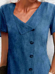 Women's Denim Mini Dress - Casual V-Neck with Buttons, Short Sleeve for Spring/Summer