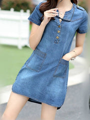 Women's V-Neck Denim Mini Dress with Pockets - Short Sleeve Summer Style